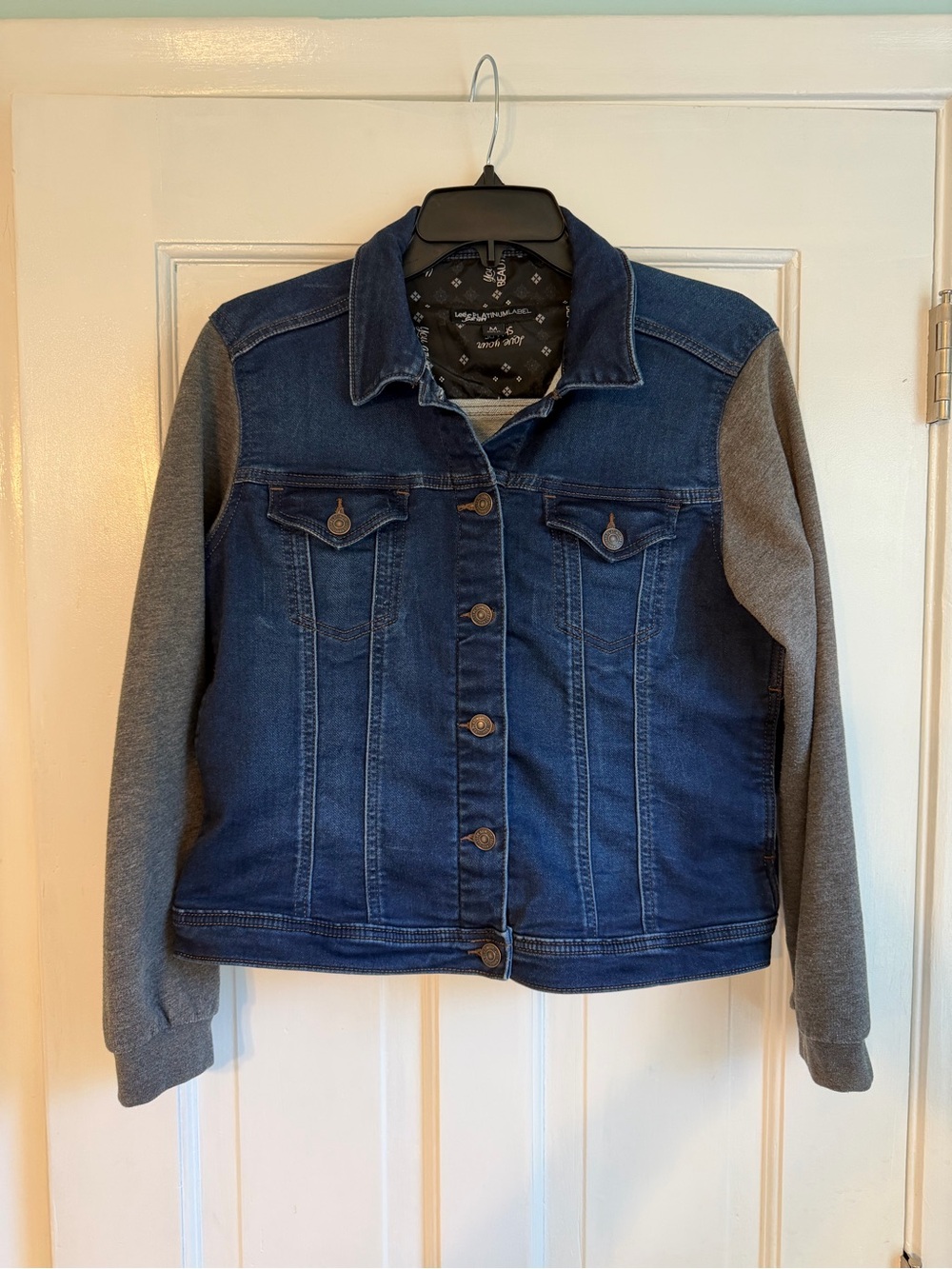 Lee Blue Denim Jacket with Gray Knit Sleeves